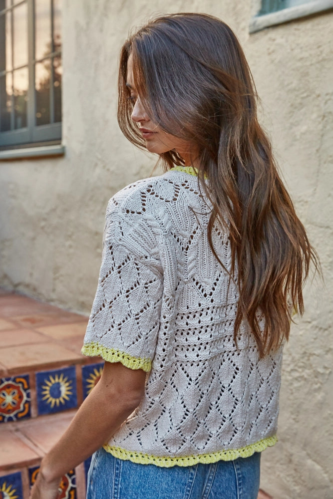 Short Sleeve Crochet Sweater | Yellow Trim