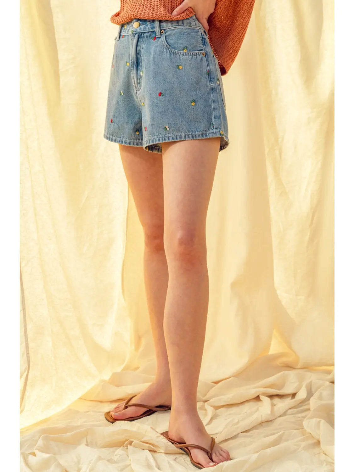 Embroidered Floral Denim Shorts