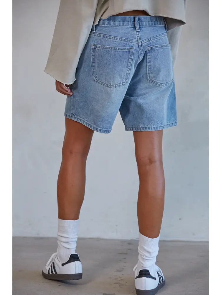 Woven Denim Straight Leg Bermuda Shorts