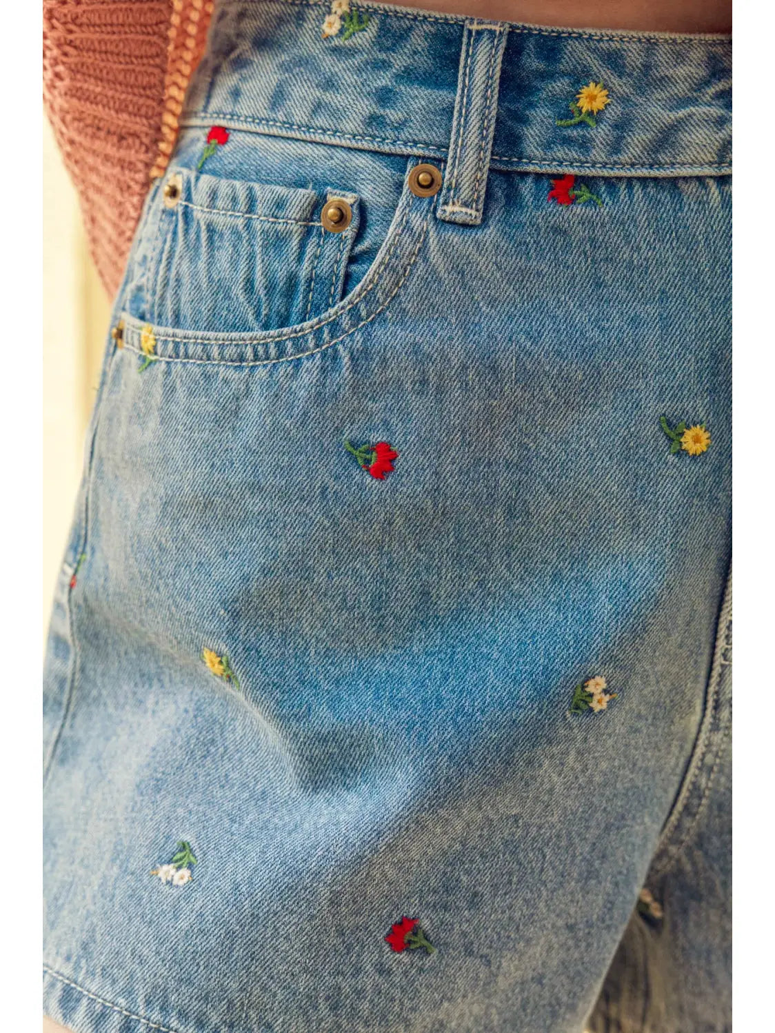 Embroidered Floral Denim Shorts