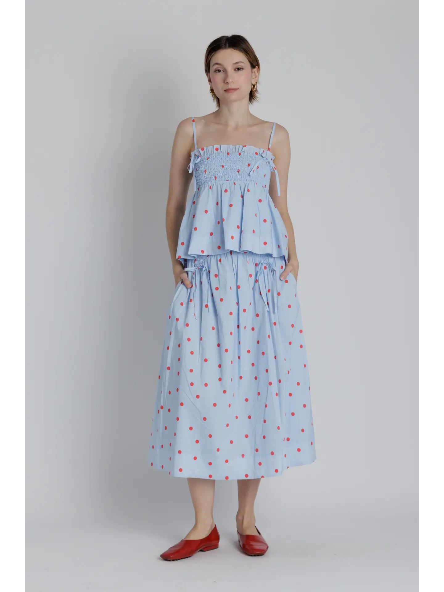 Polka Dot Smocked Midi Skirt