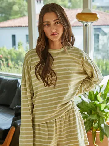 Stripe Knit Cotton Mock Neck Top | Lettuce Green