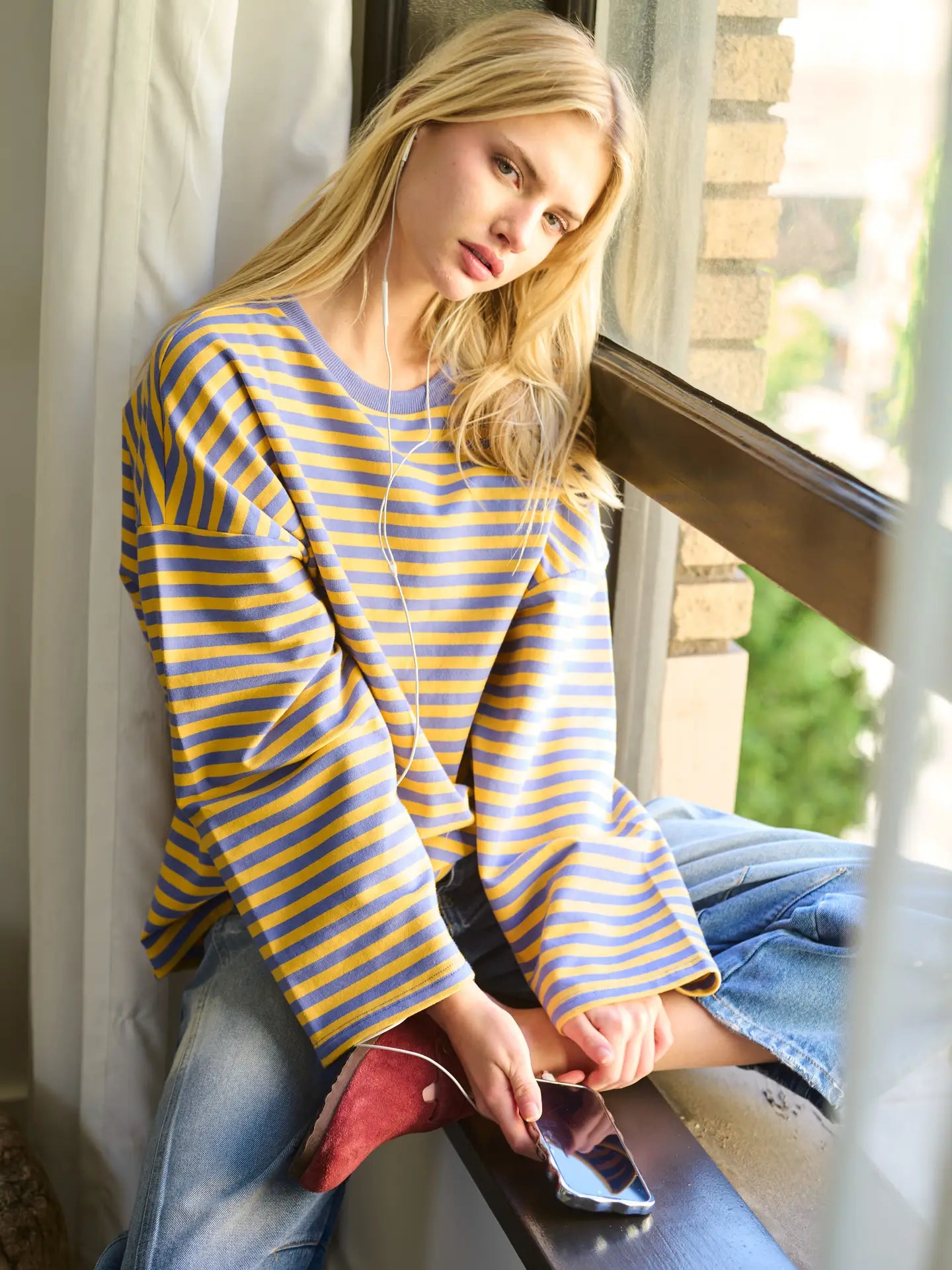 Terry Oversized Long Sleeve Top | Light Blue + Yellow