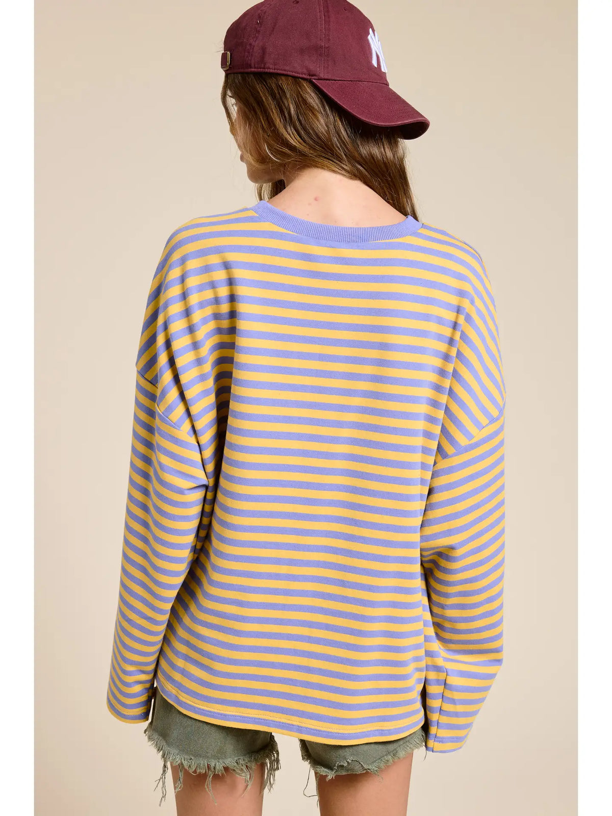 Terry Oversized Long Sleeve Top | Light Blue + Yellow