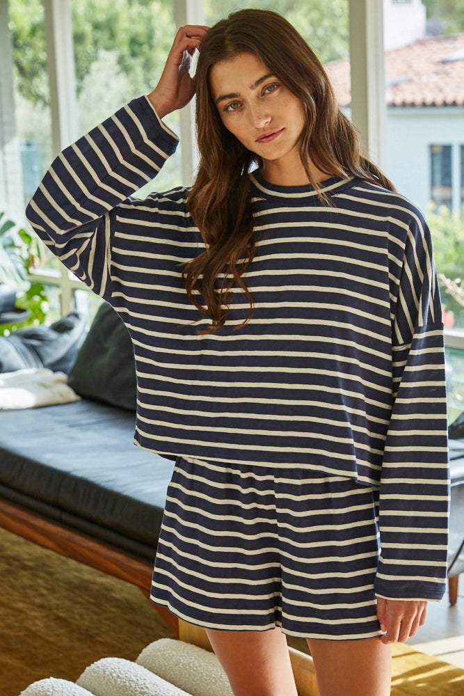 Knit Cotton Mock Neck Top | Navy Stripes