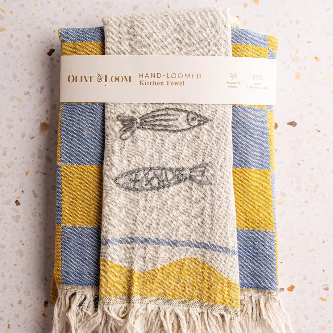Hand-Stitched Kitchen Towel Set | Sardines