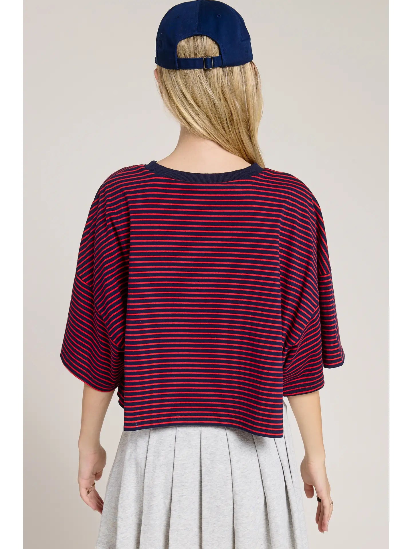 Wide Sleeve Cropped Knit Stripe Shirt | Red + Navy