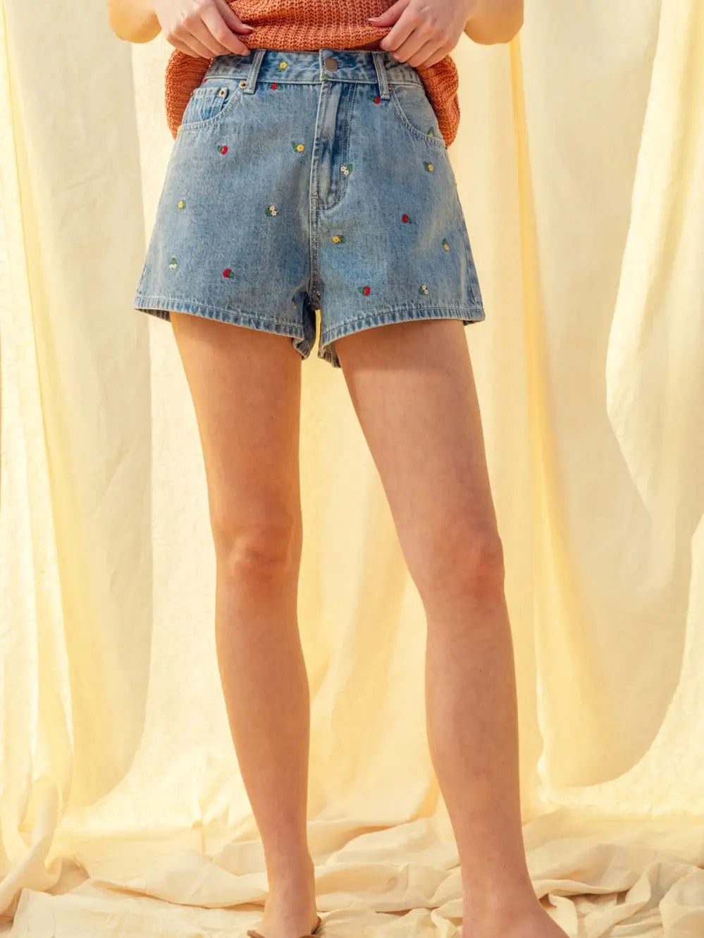 Embroidered Floral Denim Shorts