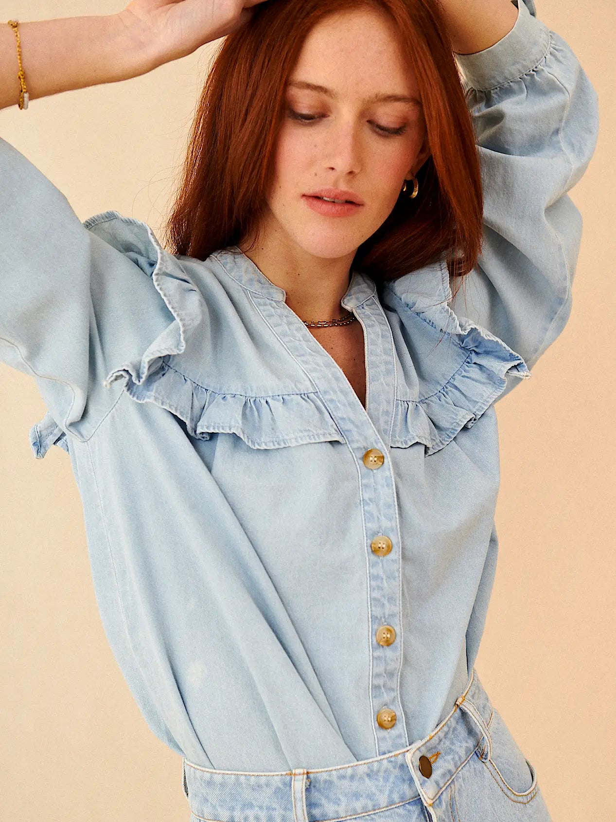 Chambray Long Sleeve Ruffle Blouse