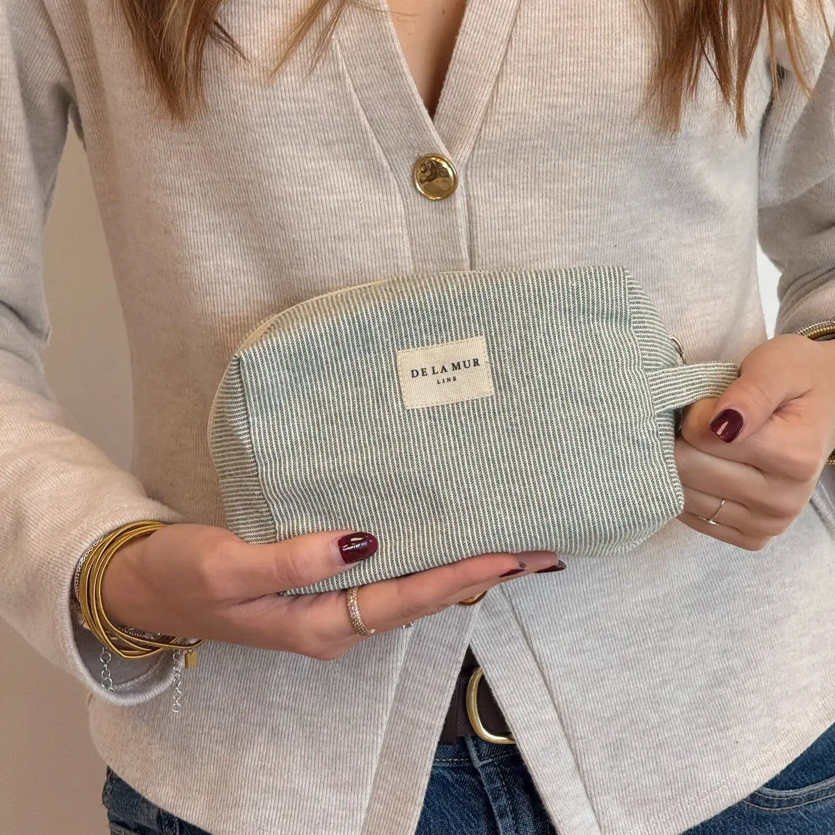 De La Mur Squared Makeup Pouch | Thin Green Stripe