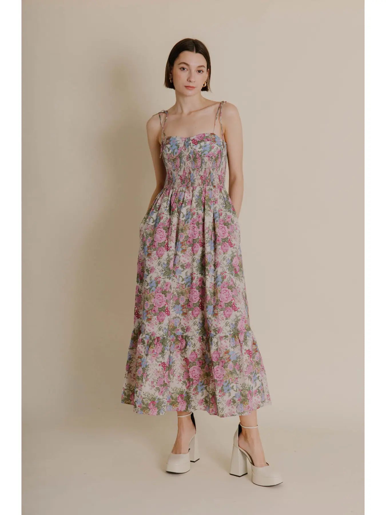 Spaghetti Tie Floral Maxi Dress | Blooming Garden