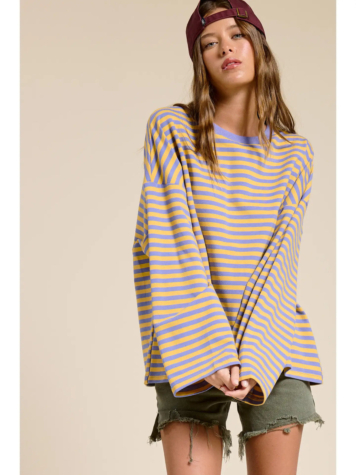 Terry Oversized Long Sleeve Top | Light Blue + Yellow