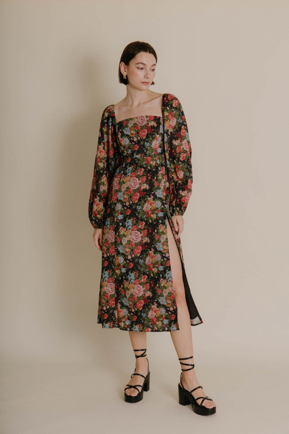 Floral Midi Dress with Slit | Black