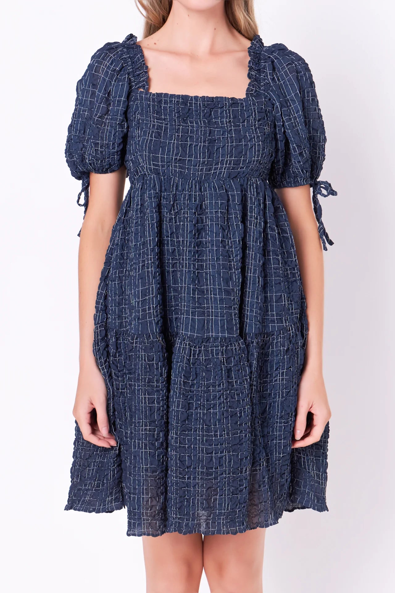 Gingham Crinkle Mini Dress | Navy