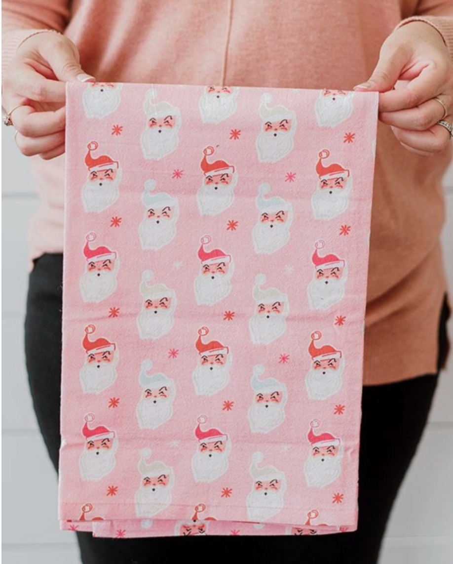 Pink Santas Holiday Kitchen Towel