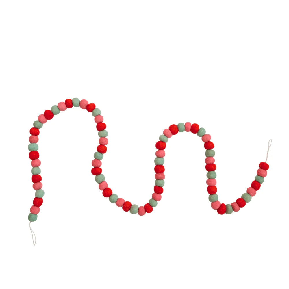 Handmade Wool Felt Ball Garland | Red, Pink, & Green