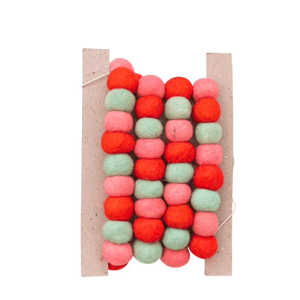 Handmade Wool Felt Ball Garland | Red, Pink, & Green