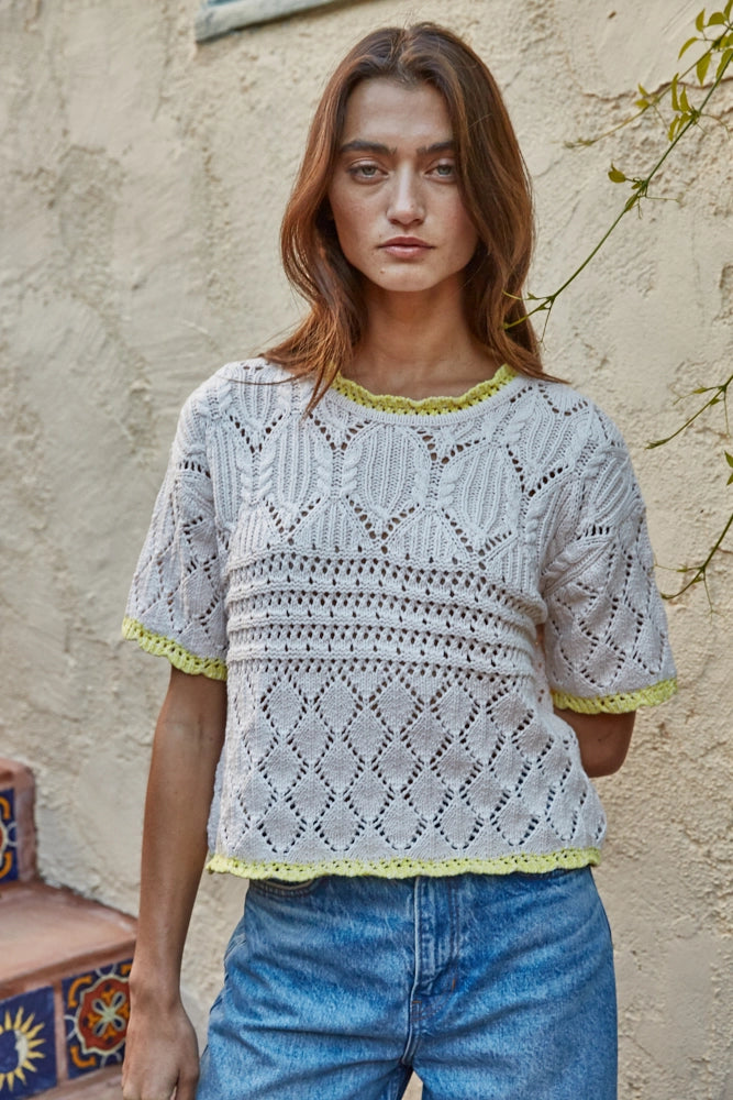 Short Sleeve Crochet Sweater | Yellow Trim