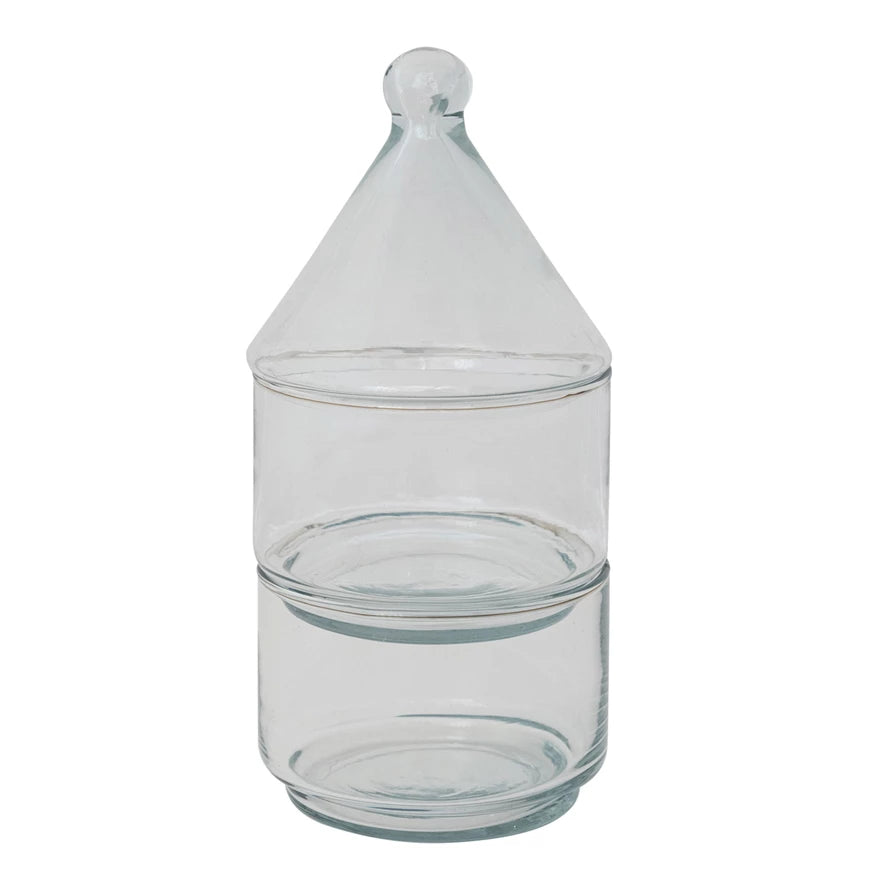 Hand Blown Recycled Glass Stackable Jars With Lid | Set Of Two
