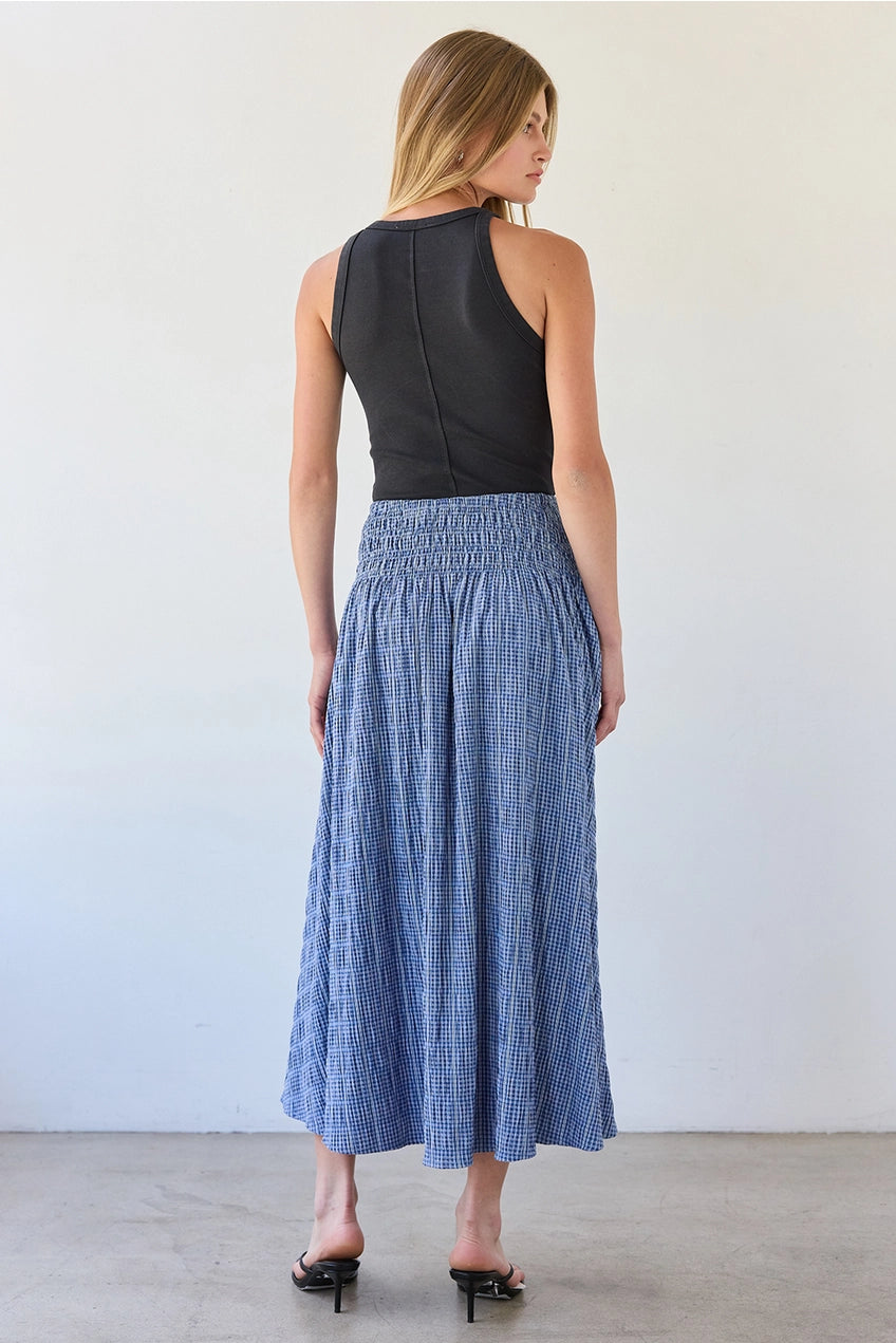 Smocked Waist Midi Skirt | Blue Check