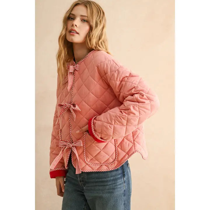 Miou Muse | Pink + Red Quilted Tie Front Jacket