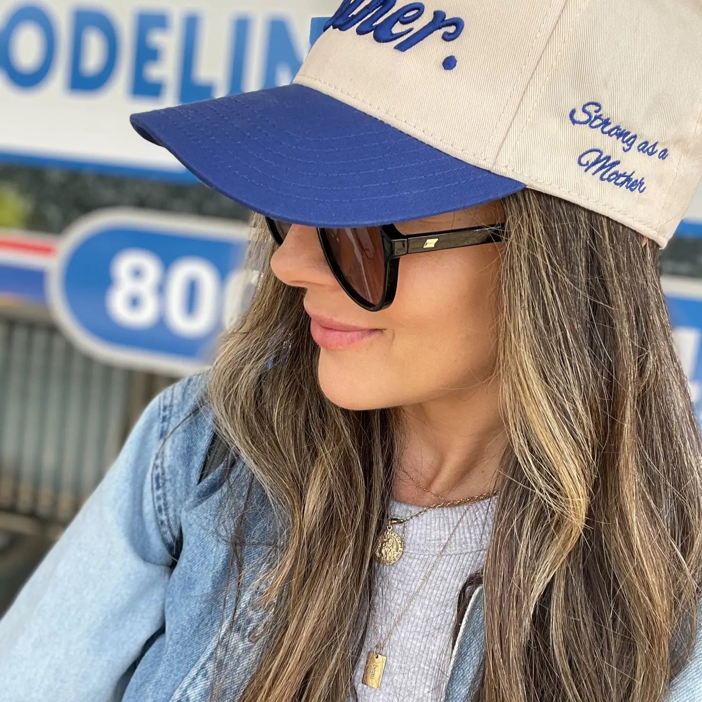 Strong As a Mother Embroidered Hat | Natural + Royal Blue