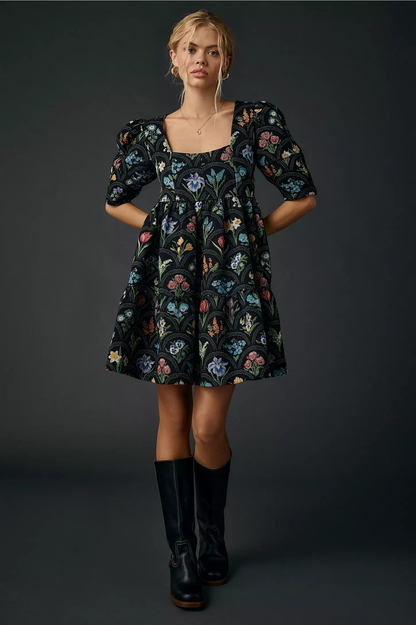 En Saison Daphne Puff Sleeve Jacquard Dress