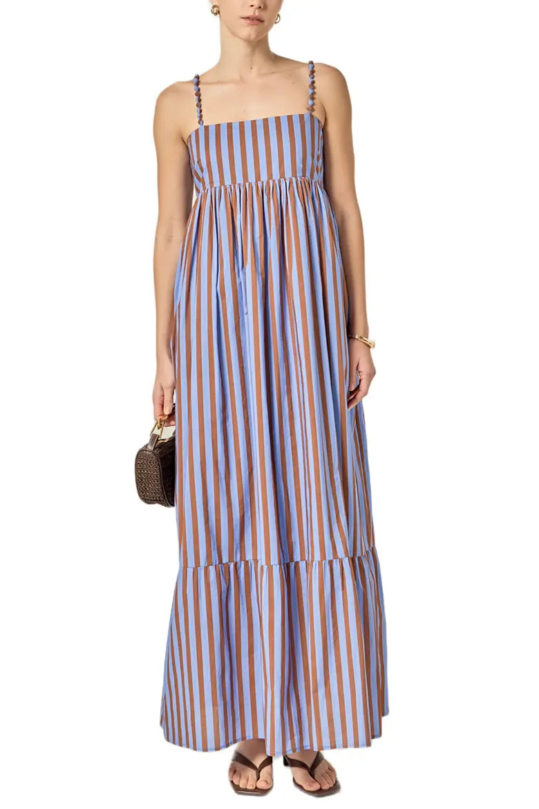 English Factory Blue + Brown Stripe Maxi Dress