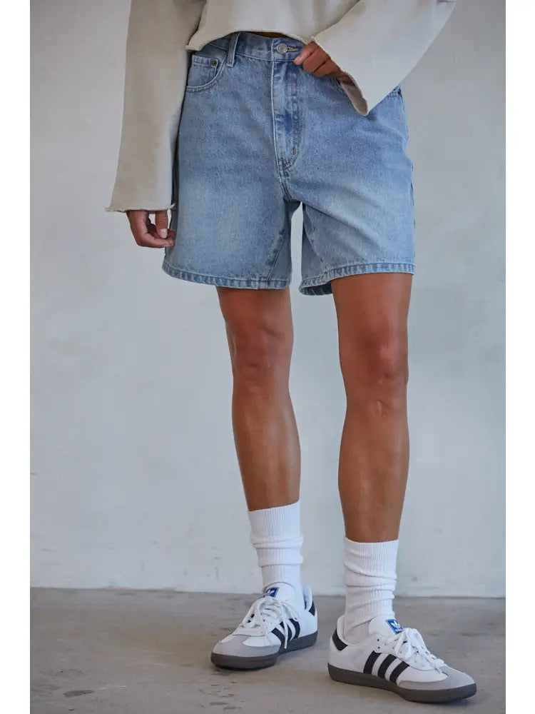 Woven Denim Straight Leg Bermuda Shorts