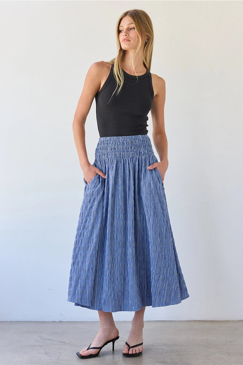 Smocked Waist Midi Skirt | Blue Check