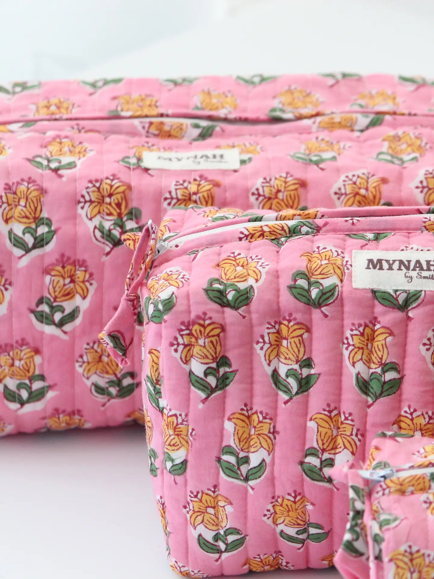 Quilted Cosmetic Bag Set of 3 | Bubblegum