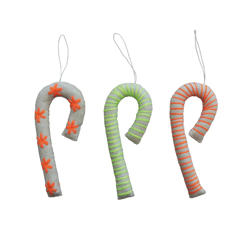 Wool Felt Candy Cane Embroidered Ornaments | Set of 3