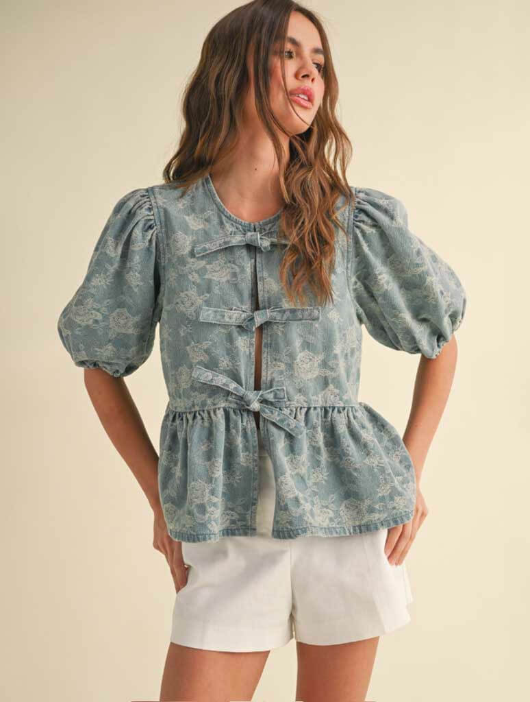 Denim Jaquard Tie Front Top