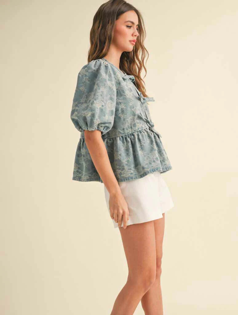 Denim Jaquard Tie Front Top